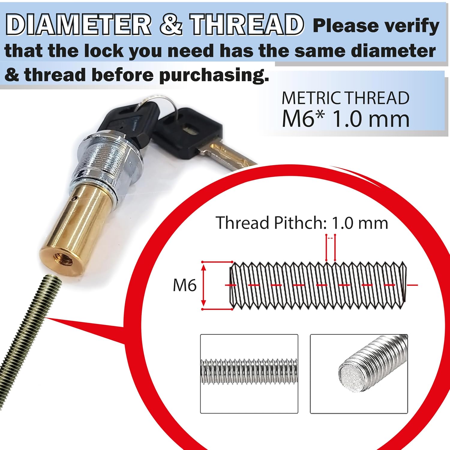 Machine Locking Key Imported Machine Lock & Key with Metric Thread M6-1.0 mm Center Rod ...